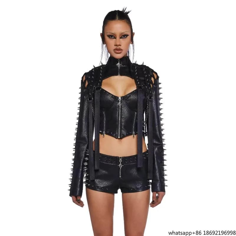 Set Tre Pezzi Dark Rock Wind Rivet, Completo Sexy in Pelle PU Stile Spice Girls Punk, Gilet in Pelle con Bretelle