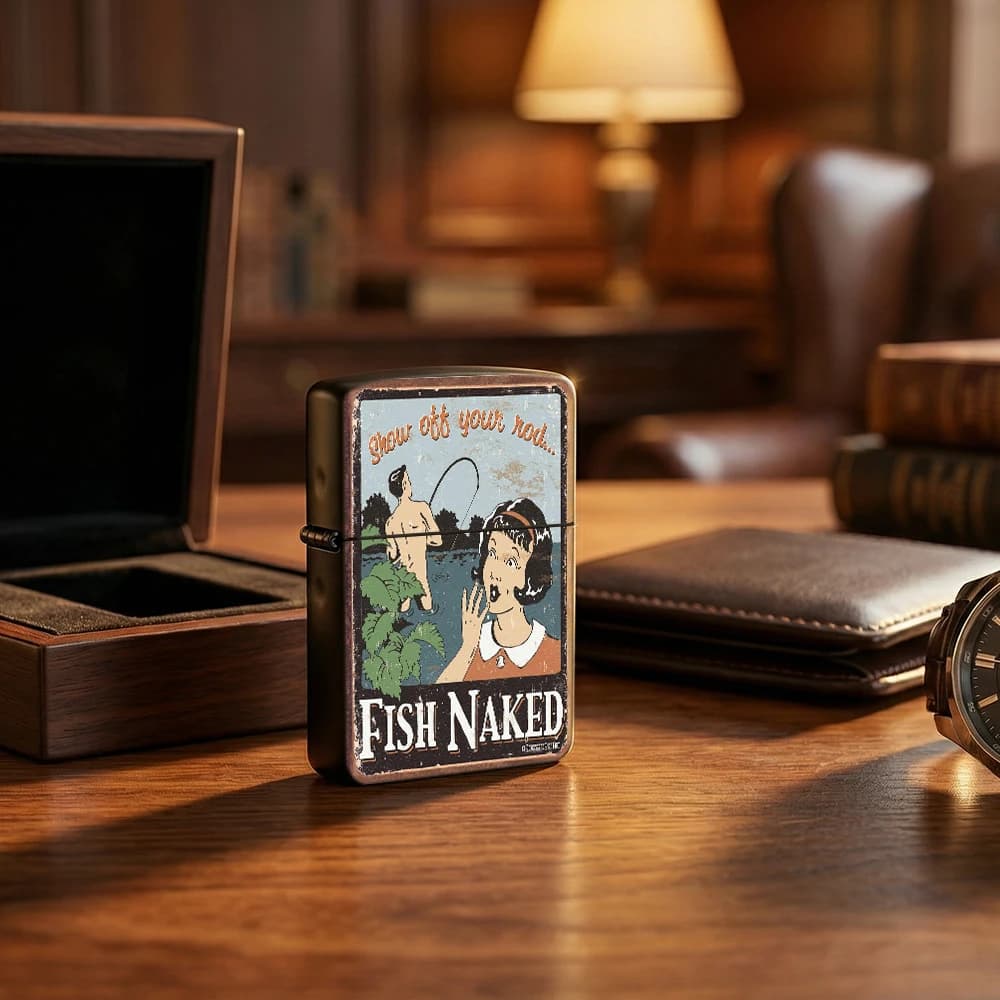 Vintage Retro Fishing Man Naked Woman Surprise lighters vintage Fish Naked Show Off Rod Scene lighters for smokers