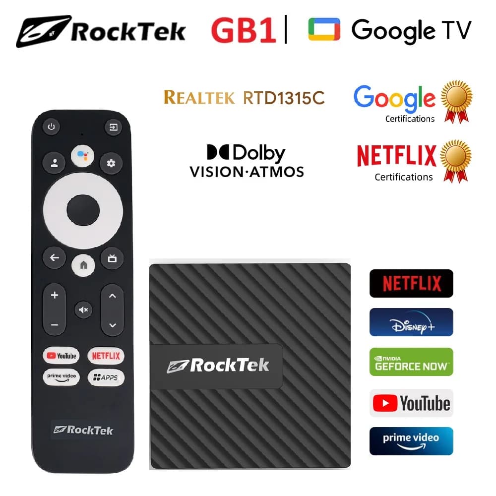 RockTek GB1 TV Dongle Certificato Netflix e Google, 2GB DDR4 32GB eMMC, Realtek1315C A55, Supporto Dolby Atmos Vision Wifi BT Mini Box