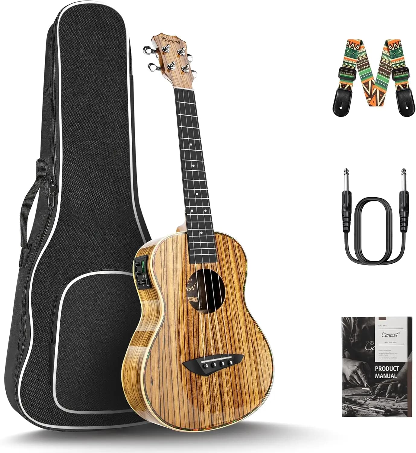 Tenor Electric Ukulele 26 Inch Zebrawood High Gloss Professional Ukelele Kit, Beginner Guitar Starter Bundle with Strings, Padded Gig Bag, Strap