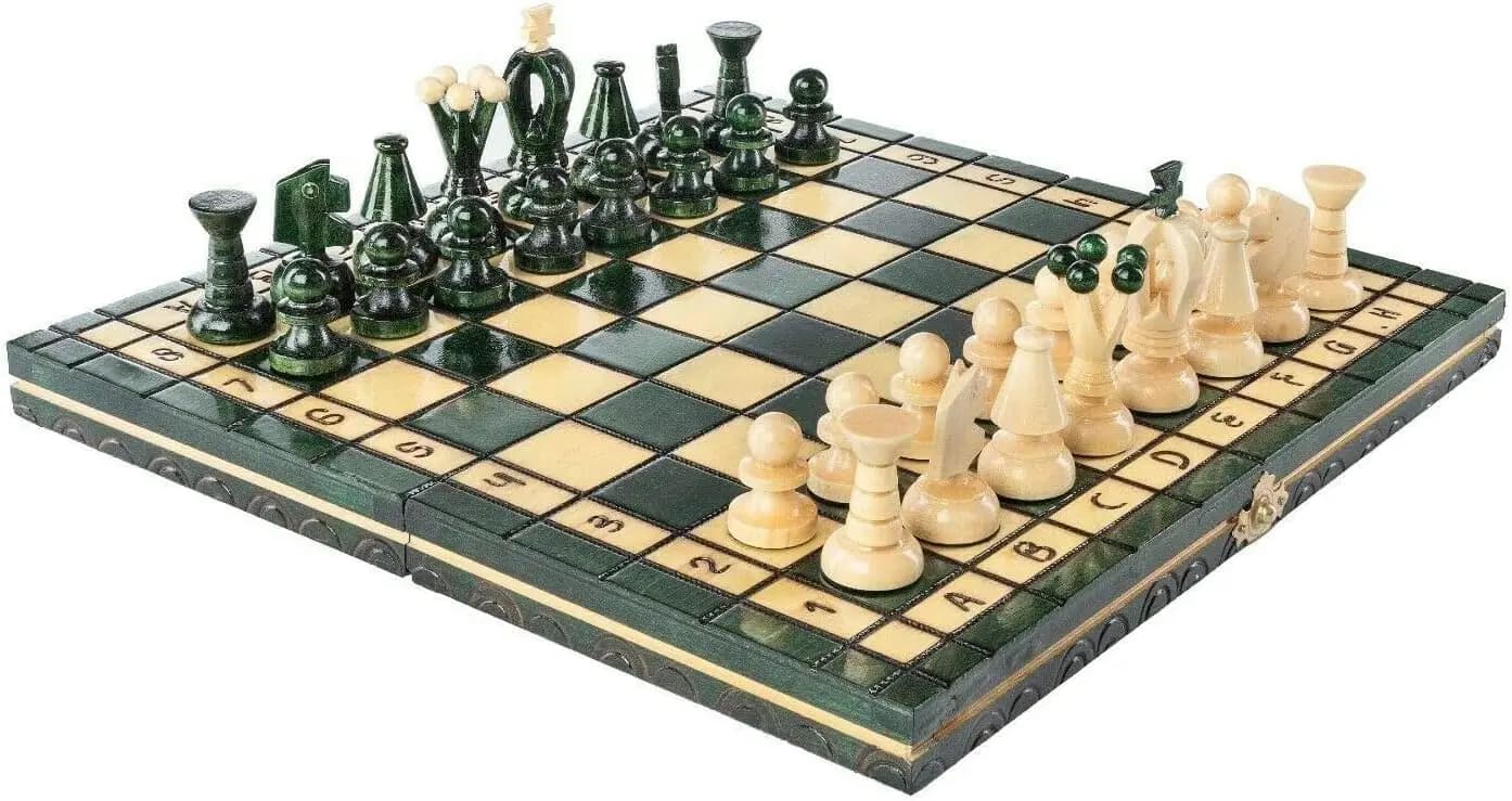 Set di Scacchi in Legno Artigianale con Scacchiera e Pezzi - 31,75 cm Verde, Pieghevole