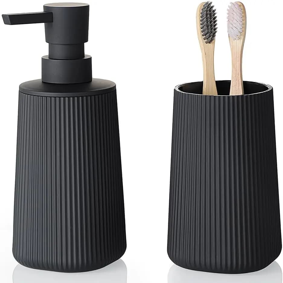 Set di accessori da bagno in 2 pezzi, dispenser per sapone e porta spazzolino da denti, a righe nere