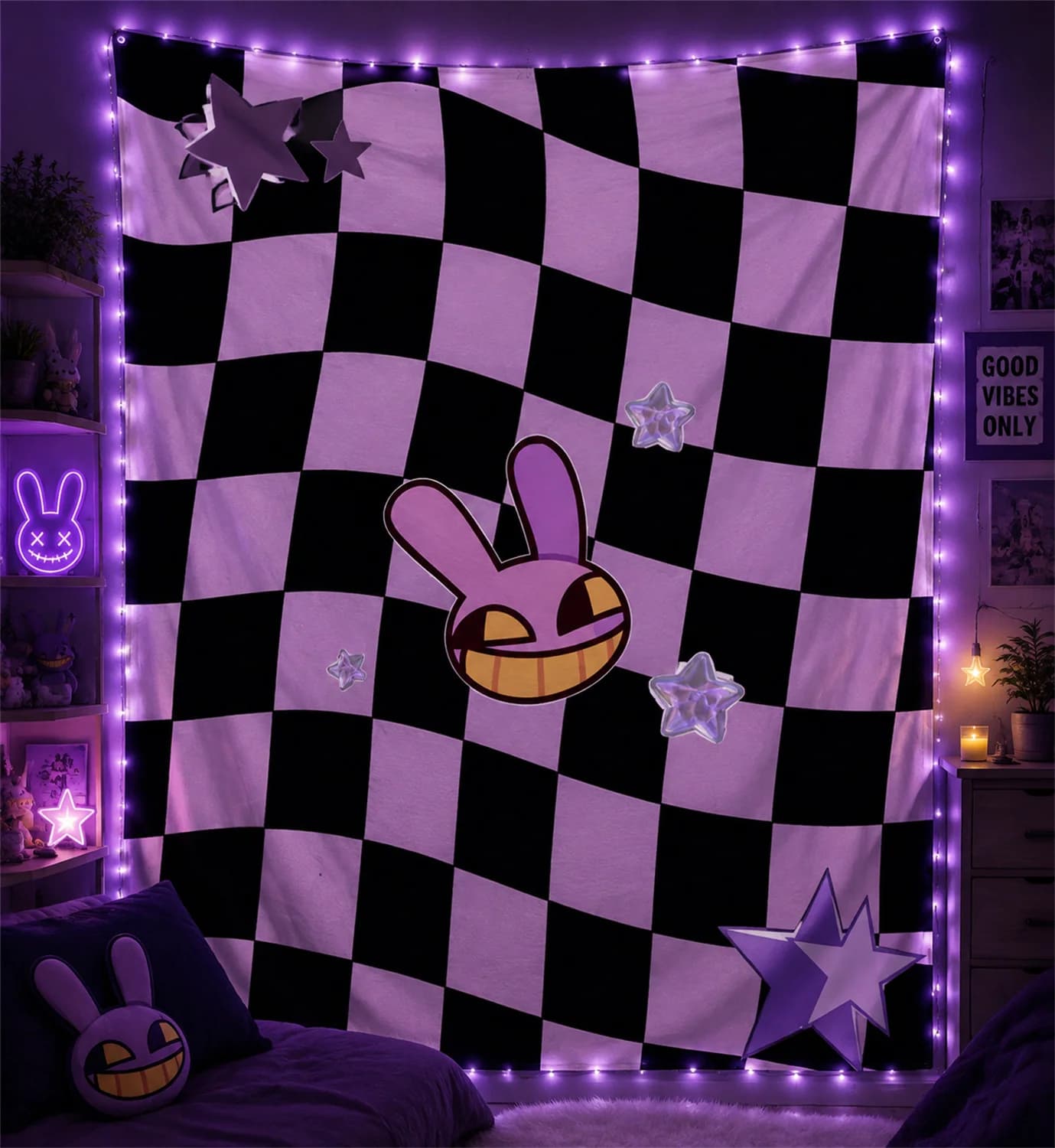 The Amazing Digital Circus Jax Head Checkerboard Tapestry Black‑purple Grid Wall Hanging Cloth Aesthetic Bedroom Decor For TADC