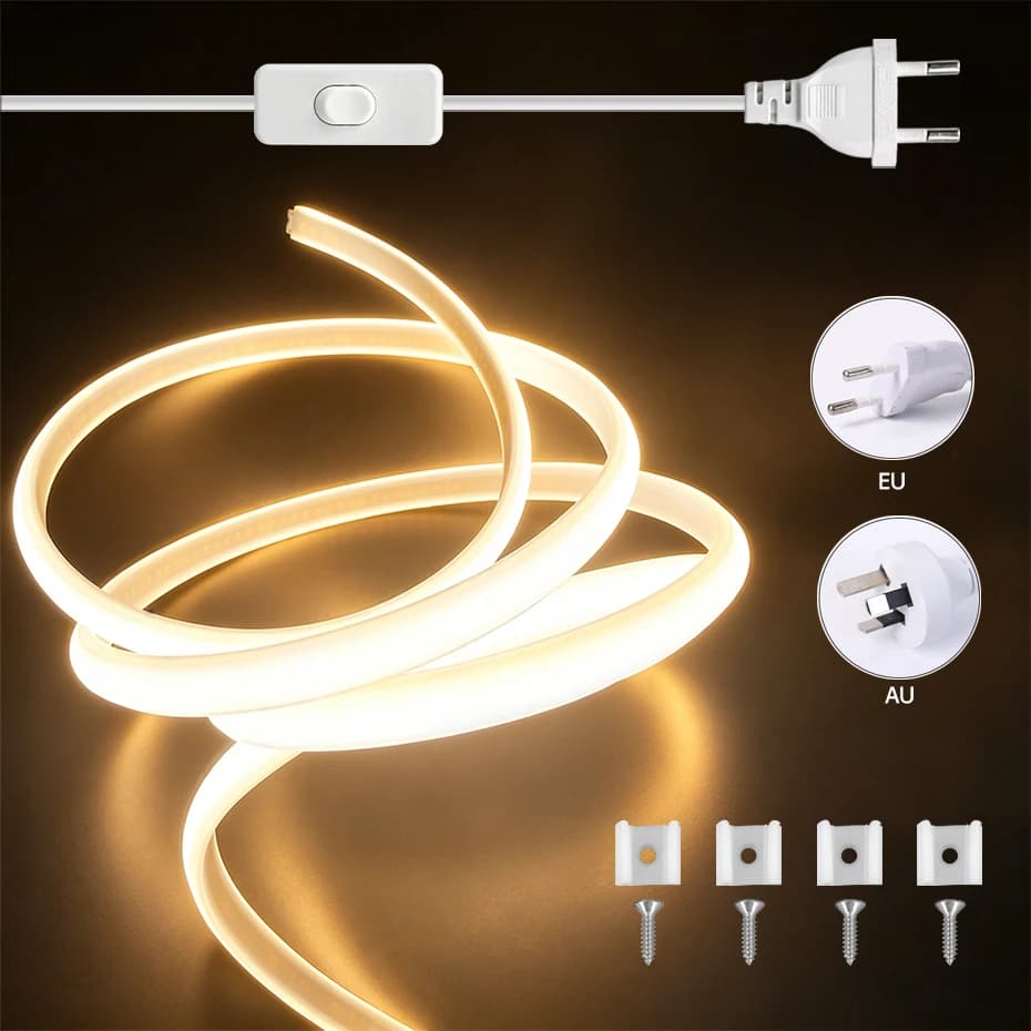 COB LED Strip Light AC 220V ON/OFF Switch with EU AU Plug Flexible Tape Waterproof Led Neon Lights for Home Decoration Lighting