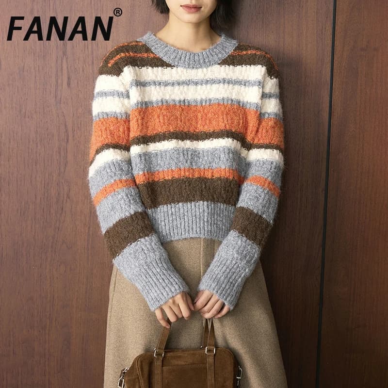 FANAN Fashion Striped Contrast Color Wool Knitting Sweater For Women Long Sleeve Thick Warm Pullover Tops Female Winter New