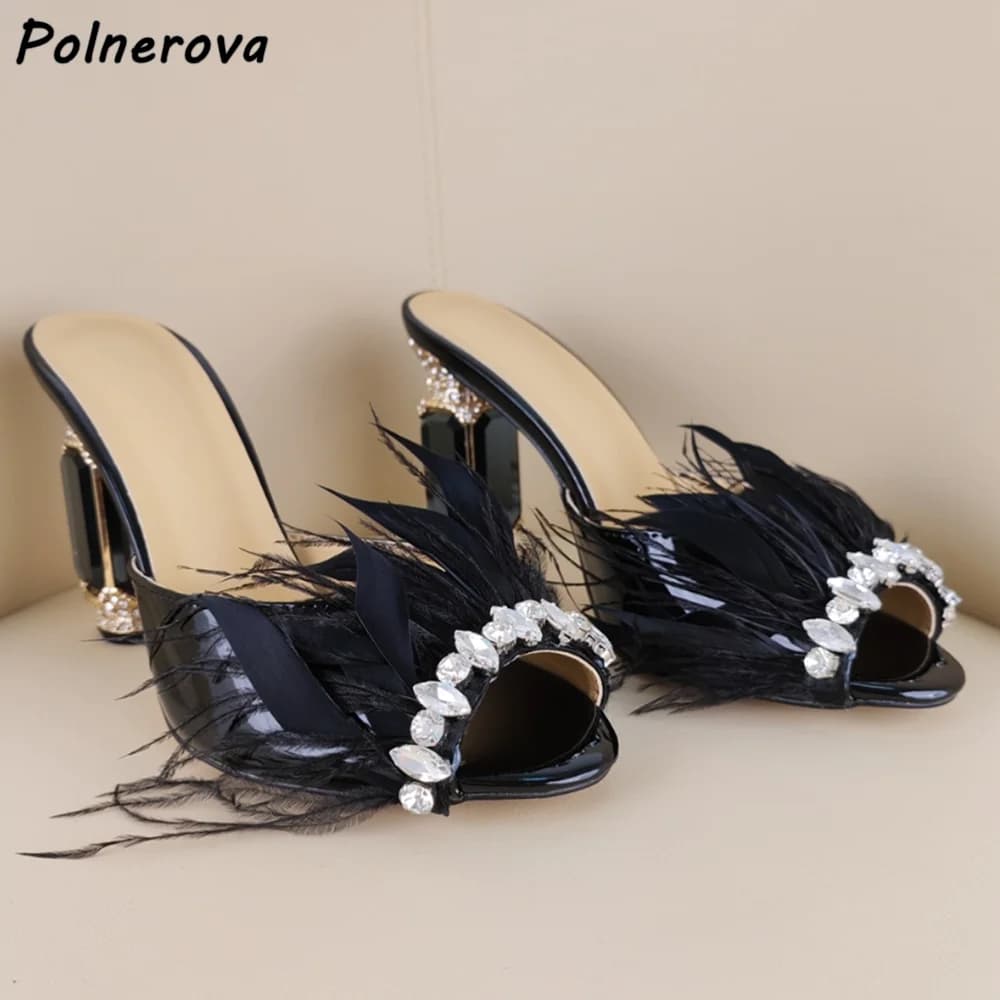 Rhinestone Heels Feather Slippers Chunky Heels Peep Toe Crystal Leather Stiletto Shoes Women's Summer Outdoor Luxury Slippers