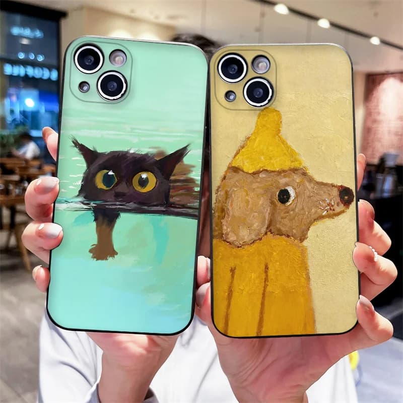 Oil Painting Yellow Dog Black Cat Phone Case for OnePlus 13 R 12 11 10 9T 8 Pro Nord 4 3 2 ACE2 ACE3 CE4 CE5 Silicone Soft Cover