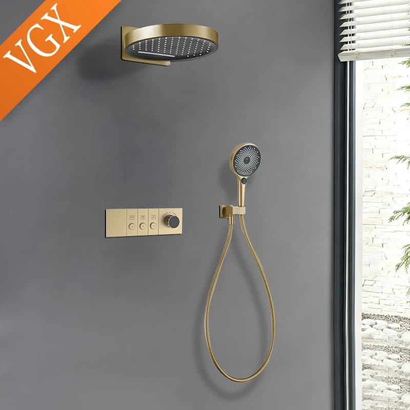 VGX Concealed Shower System Set Luxury Gold Waterfall Shower System Shower Faucet Set Bathroom Brass Rainfall Shower Head Set