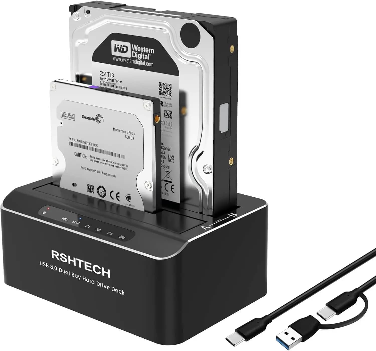 Docking station per disco rigido RSHTECH Dual Bay Custodia esterna in alluminio per HDD/SSD SATA da 2,5 e 3,5 pollici Supporta il clone offline UASP