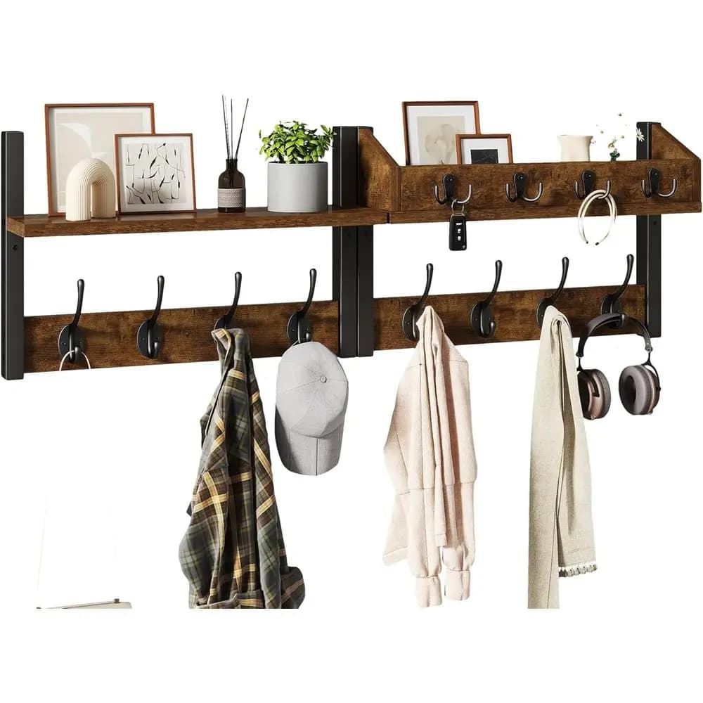 Wall hanger 31.5 Inch with shelf, 12 Hooks and Post Organizer, Ideal for Living or Bedroom, Rustic Brown
