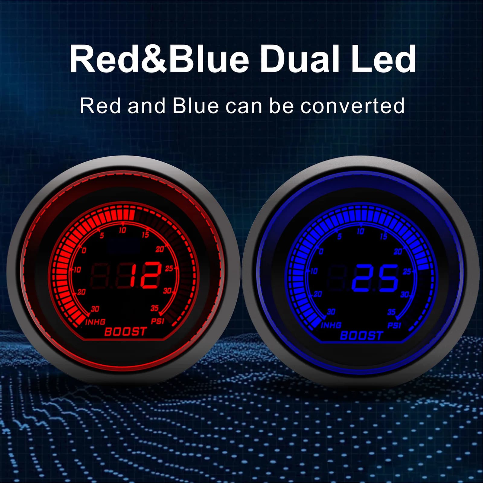 Manometro turbo digitale per auto da 52 mm Retroilluminazione rossa/blu Manometro boost per auto PSI per auto da corsa a benzina 12V