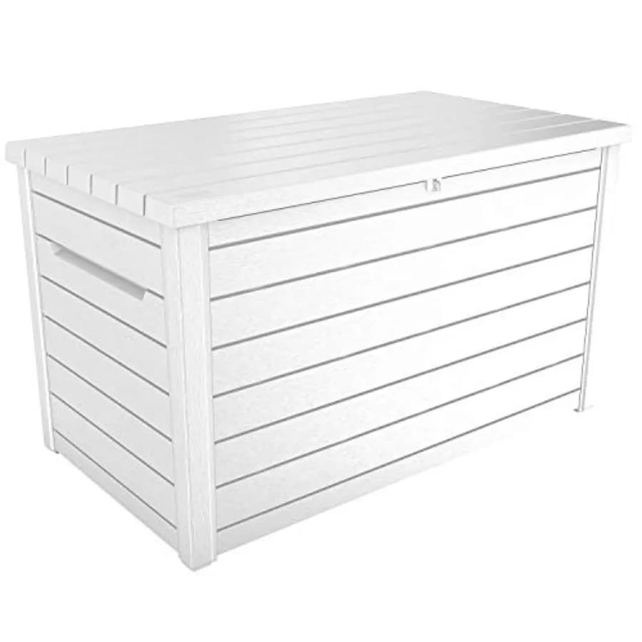 Outdoor patio deck storage box for 230-gallon capacity, XXL size, white polypropylene resin, weather-resistant and lockable