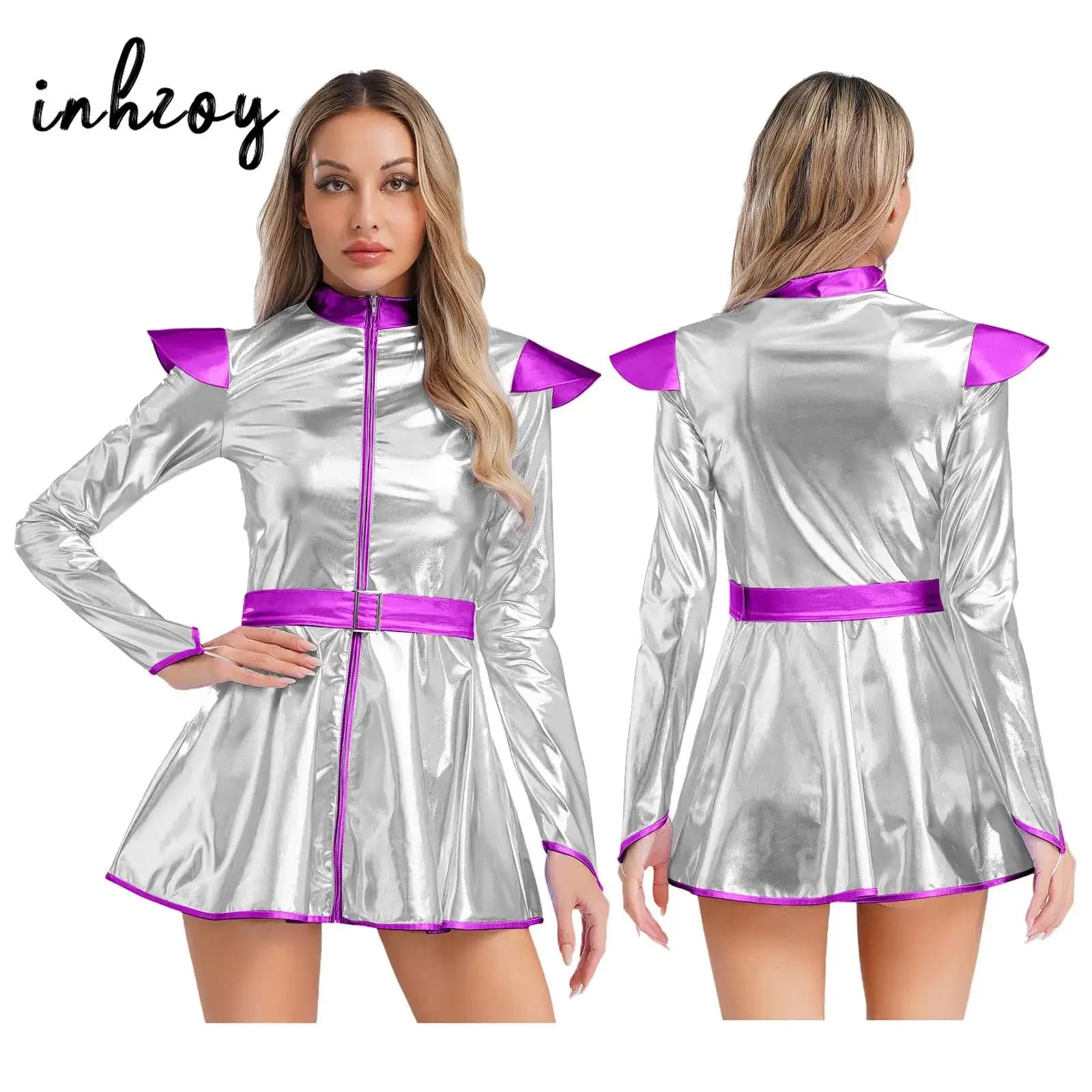 Costume da alieno di Halloween Spazio esterno Robot Cosplay Abito da festa Donna Ragazza Gioco di ruolo Abito body con maniche lunghe Cintura metallizzata