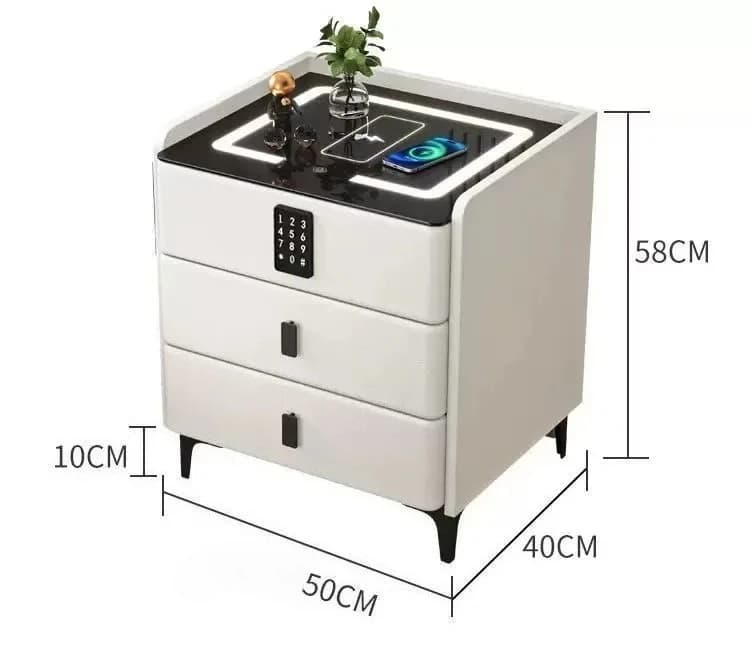 Comodino Intelligente con Tre Cassetti, Serratura a Combinazione e Altoparlante con Ricarica Wireless, Adatto per Camere d'Albergo