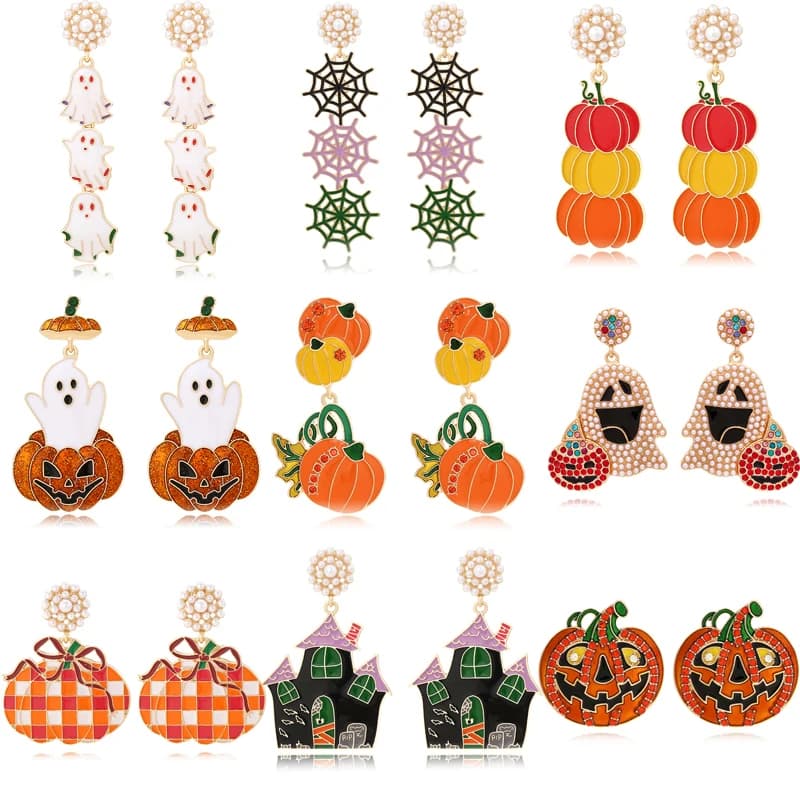 Gioielli delicati Orecchini a bottone Perle Fantasma Orecchini a bottone Ragazze Halloween Cosplay Gingillo ragnatela Scheletro Orecchini di zucca