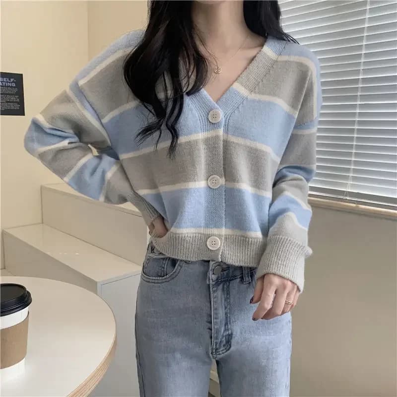 2025 Cardigan a righe giapponesi Donna Nuovo stile Vintage Scollo a V Capispalla Maglione Donna Manica lunga Top lavorato a maglia