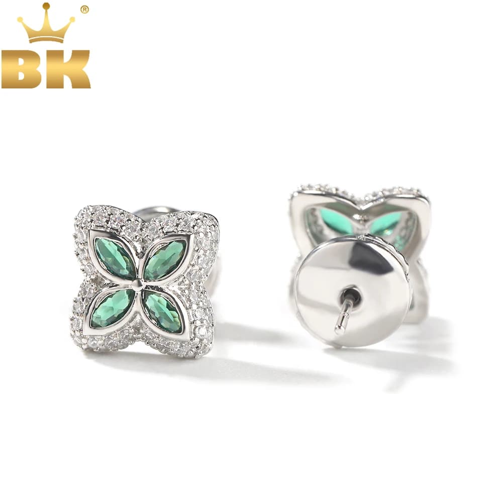 THE BLING KING Four Leaf Clover Earrings Iced Out Green Cubic Zirconia Punk Stud Earring Hiphop Jewelry For Gift
