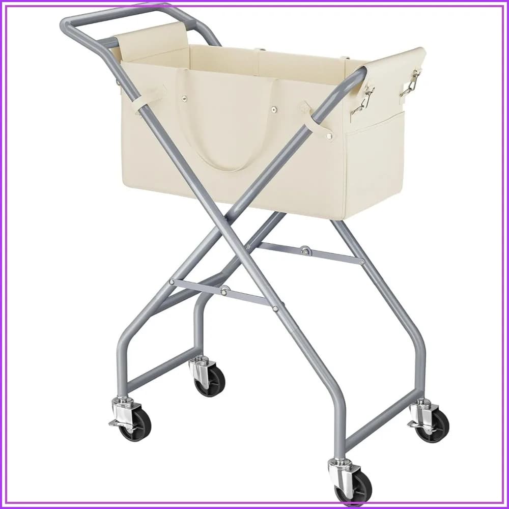 No-Bend Laundry Cart with Locking Wheels & Handle, Foldable Basket, Durable Metal Frame, Removable Liner Bag for Bedroom & Bathroom