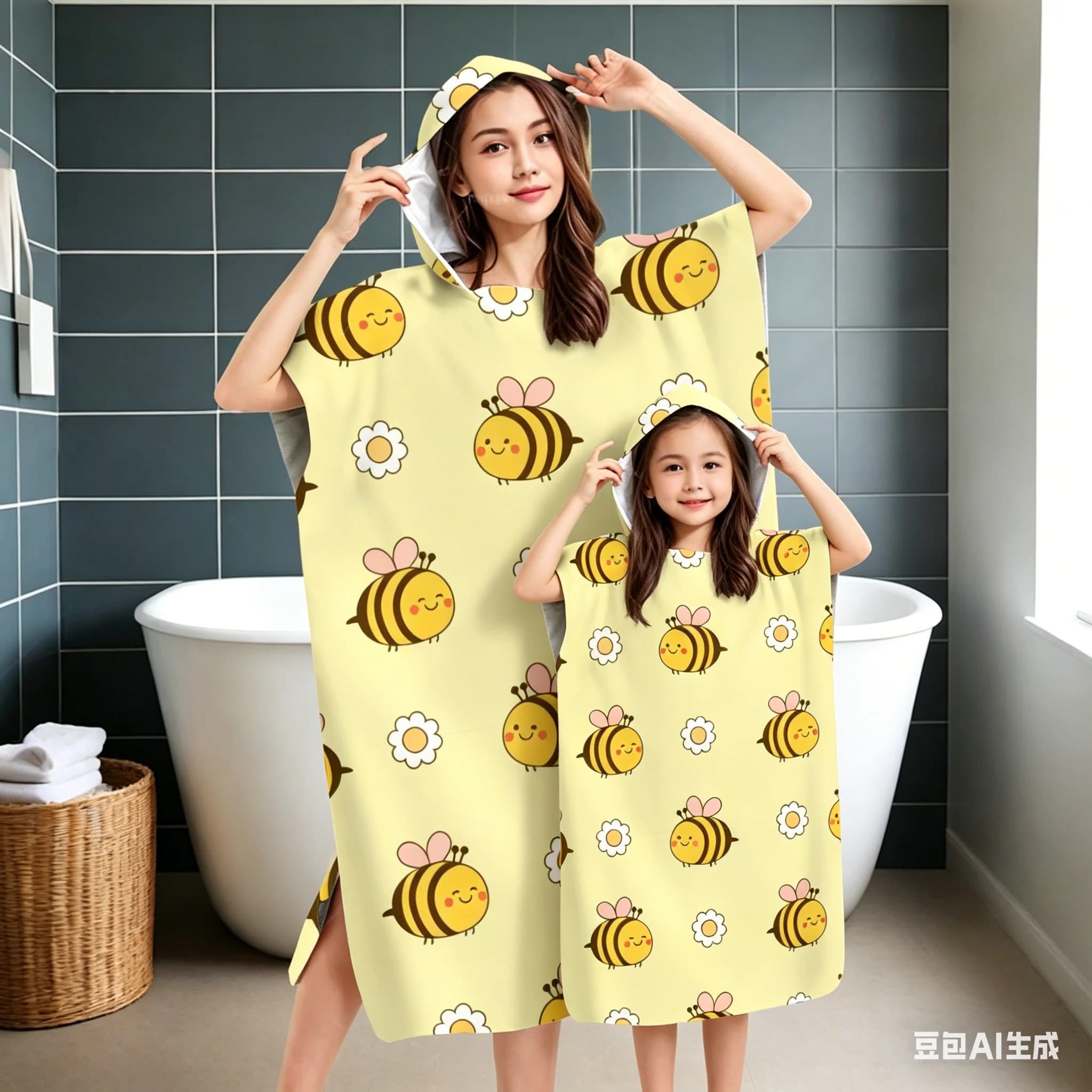 Poncho con Cappuccio Stampa Ape e Fiori, Accappatoio in Microfibra ad Asciugatura Rapida per Adulti e Bambini, Accappatoio da Spiaggia Coordinato per Famiglia