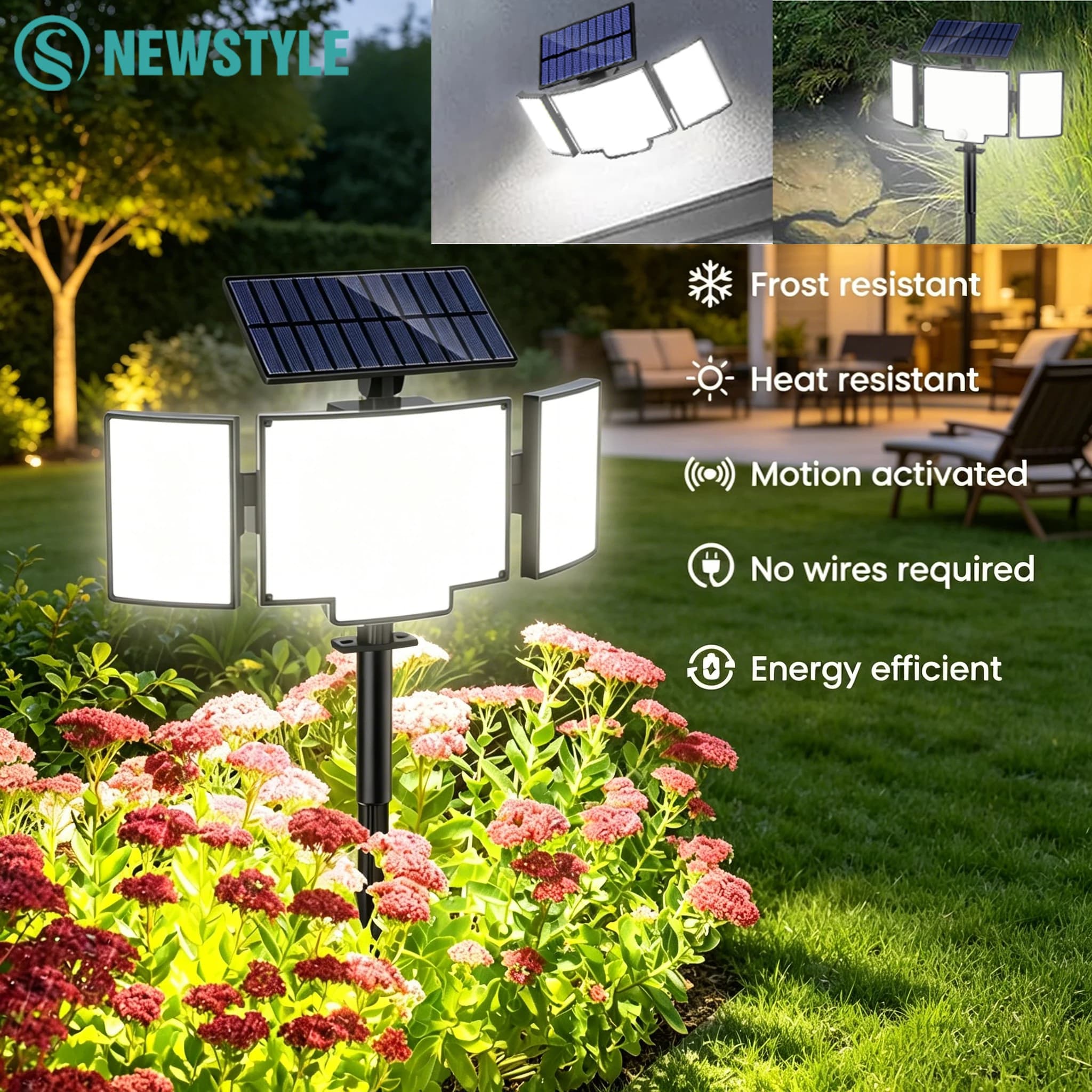 Luci Solari da Esterno a 348 LED, 3 Modalità di Funzionamento, Super Luminose con Sensore di Movimento, Impermeabili IP65, Luci di Sicurezza per Esterni e Giardino