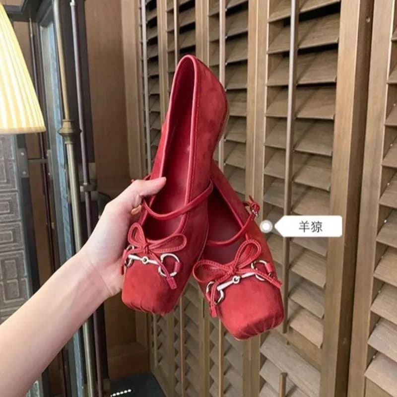 Women's Suede Mary Jane Shoes Ballet Flats 2026 New Square Toe Bow Decor Shoes Comfortable Soft Sole Footwear Zapatos Casuales