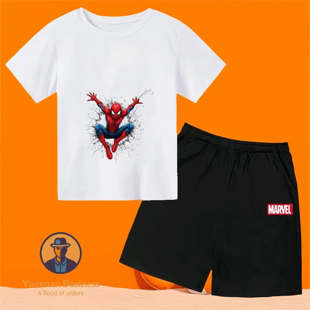 Completo Estivo per Bambini 2 Pezzi Manica Corta Stampa Spider-Man Marvel Anime Moda Abbigliamento per Bambini