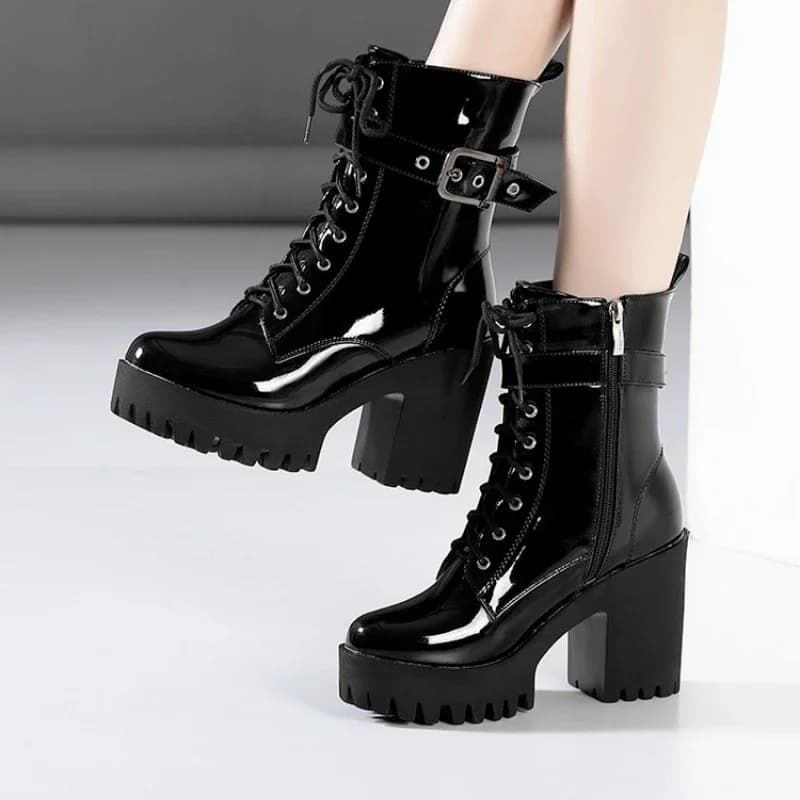8cm 10cm Small Size 32-43 Elegant Women's Shoes Winter Platform Ankle Boots 2025 Block High Heel Patent Leather Motorcycle Boots