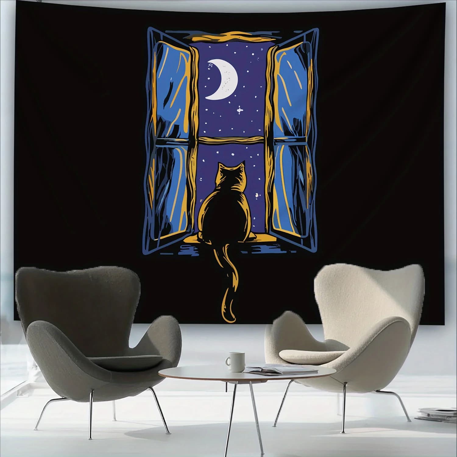 1pc Ultra Large Anime Cat Tapestry - Serene Night Scene with Crescent Moon & Stars, HD Digital Print Polyester Wall Hanging for