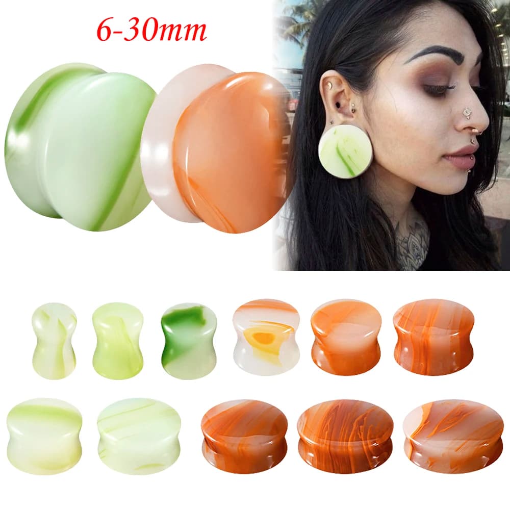 2-24PCS New Red & Green Agate Stone Double Flared Ear Plugs & Tunnels Solid Strengthened Weight Gauges Piercing Earring 6-30mm