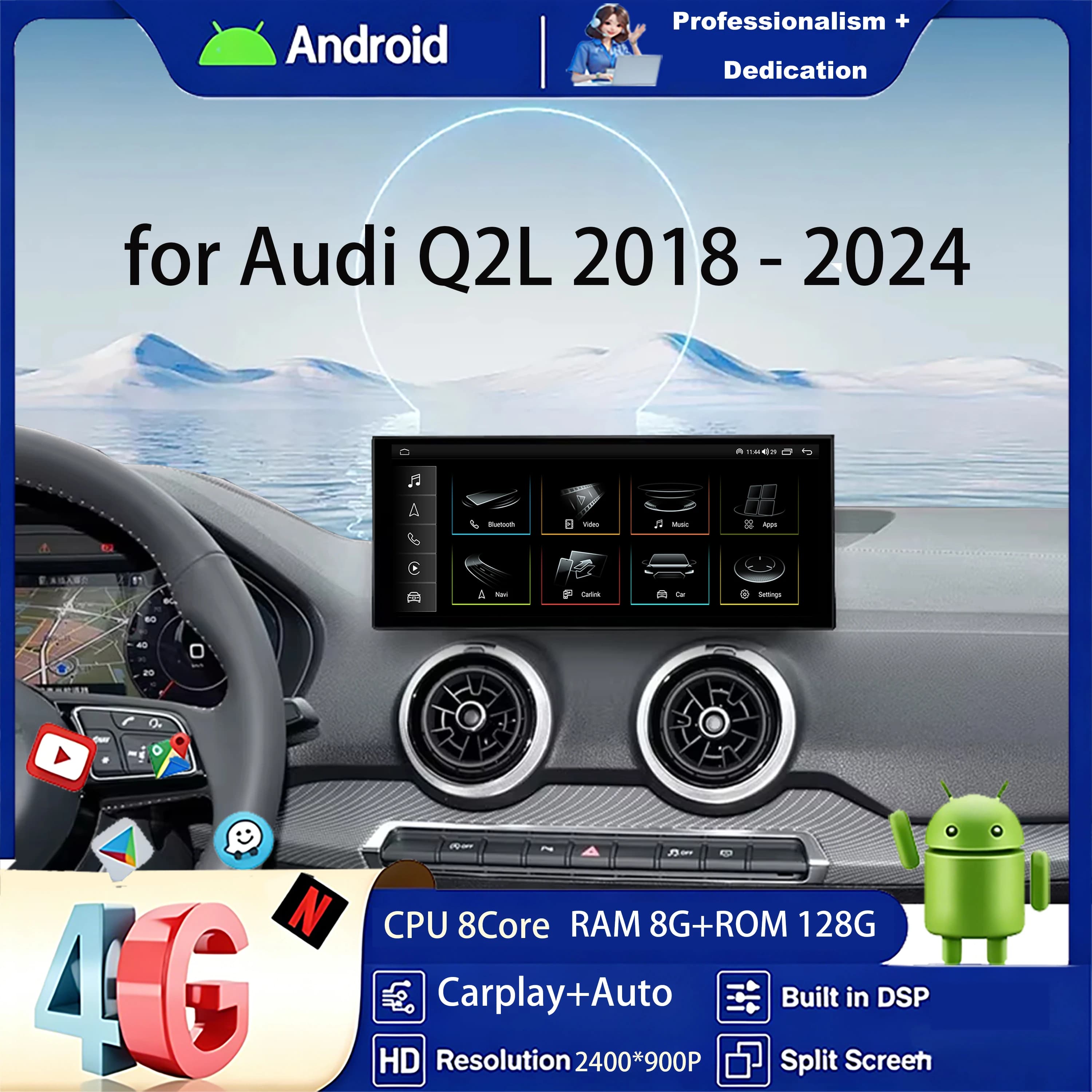 Android 14 per Audi Q2L 2018 - 2024 Carplay Wireless Schermo Touch HD Radio Auto Lettore Multimediale Video 4G GPS