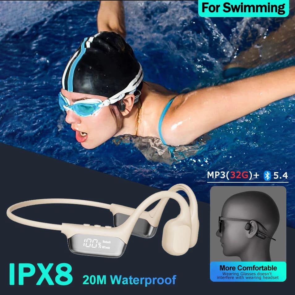 Bluetooth 5.4 IPX8 wireless headset waterproof for swimming Sports support MP3 player with 32G RAM