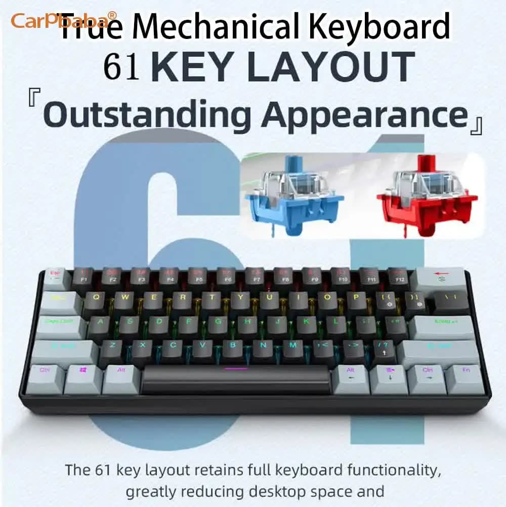 61 Keys Red Switch Mechanical Keyboard Detachable Type-C Cable RGB Backlit Compact Gaming Keyboard For Office & Game Use