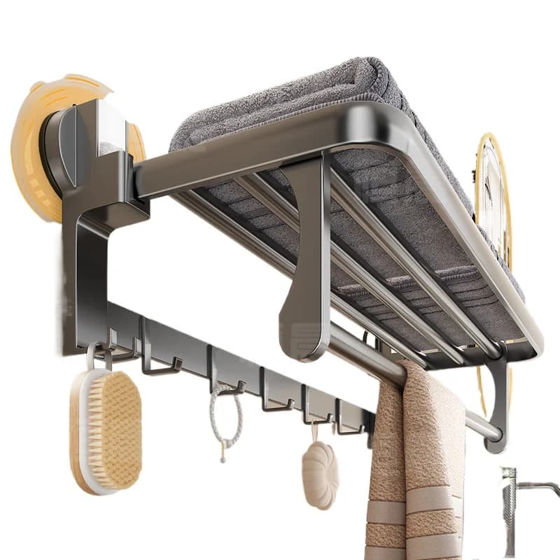 Portasciugamani a ventosa in alluminio Pure Space, portasciugamani da bagno senza perforazione, portaoggetti integrato per il bagno