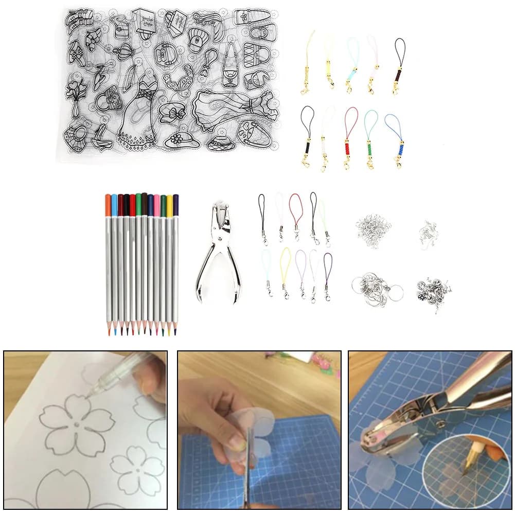 198pcs Colored Pencils Heat Shrink Sheet Set Keychain Accessories Hole Punch Shrink Plastic Sheet Kit Easy-Tool