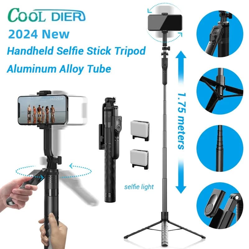 COOL DIER 1750mm Wireless Selfie Stick Treppiede Supporto pieghevole per fotocamere Gopro Action Smartphone Equilibrio Riprese costanti dal vivo