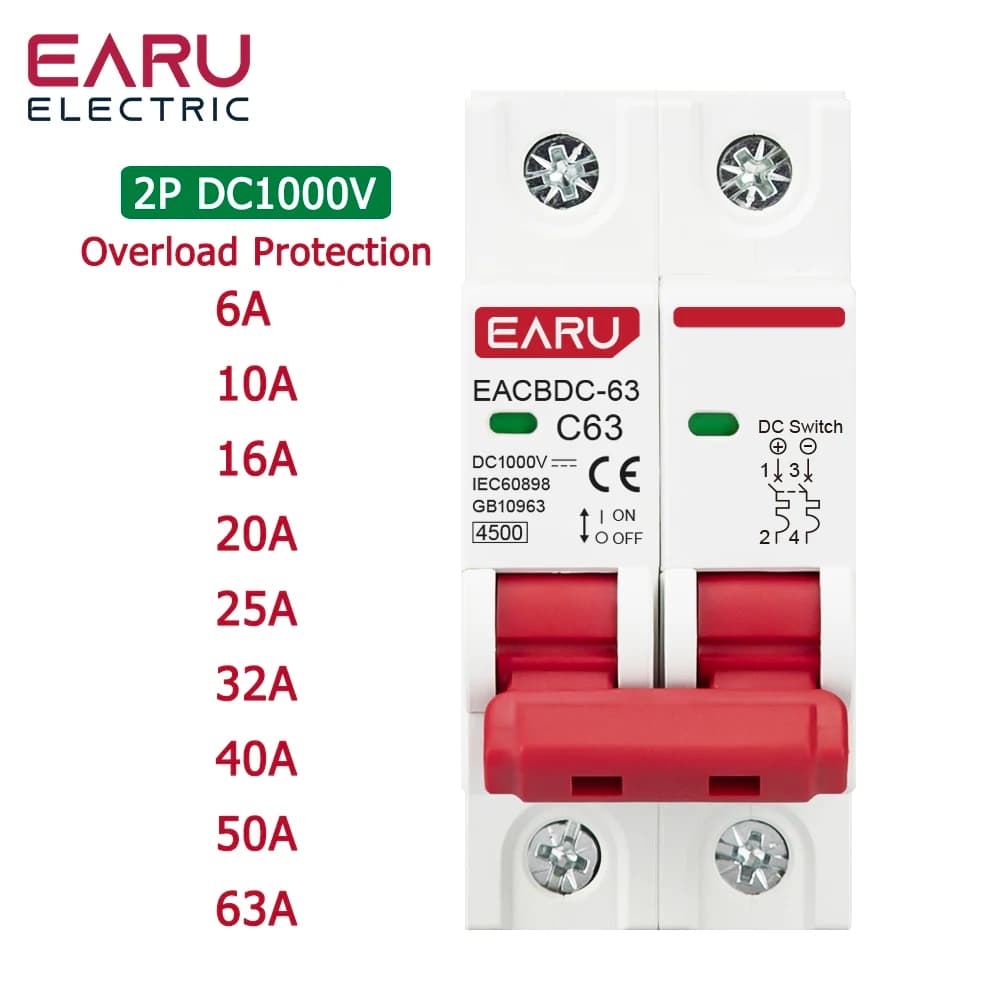 DC 1000V Solar Mini Overload Protection Switch 6A/10A/16A/20A/25A/32A/40A/50A/63A 2P DC1000V Photovoltaic MCB PV