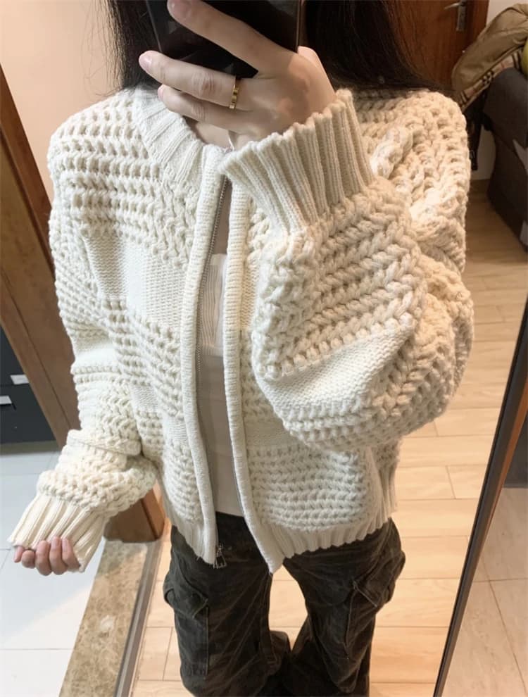 Maglione Giacca Lavorato a Maglia a Maniche Lunghe da Donna con Cerniera, Collo Rotondo, Ricamo a Maglia Grossa, Capospalla Comodo e Traspirante