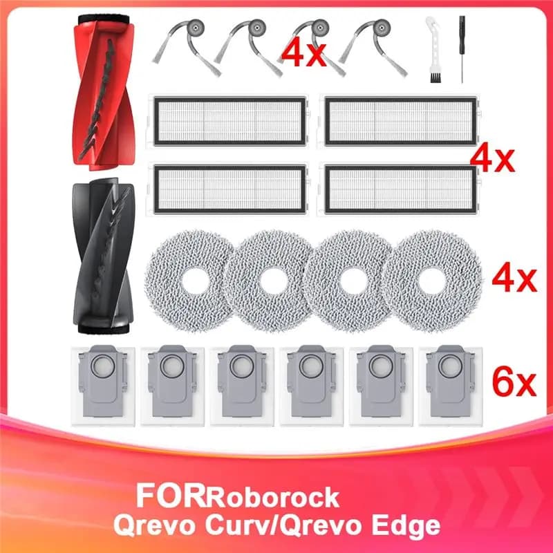 A70Z Fafa】Full Replacement Part Set For Roborock Qrevo Curv/Edge With Main Brush, Mop Pads, And Vacuum Bags