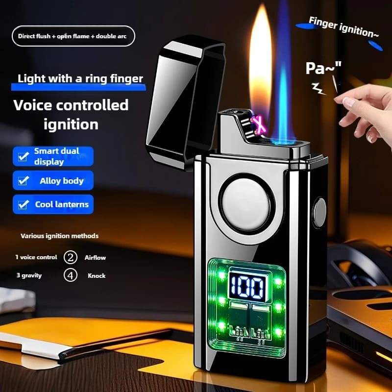 Accendino a gas butano a 3 fiamme con controllo vocale intelligente Accendini elettrici USB a doppio impulso ad arco con fiamma aperta e fiamma blu a getto creativa