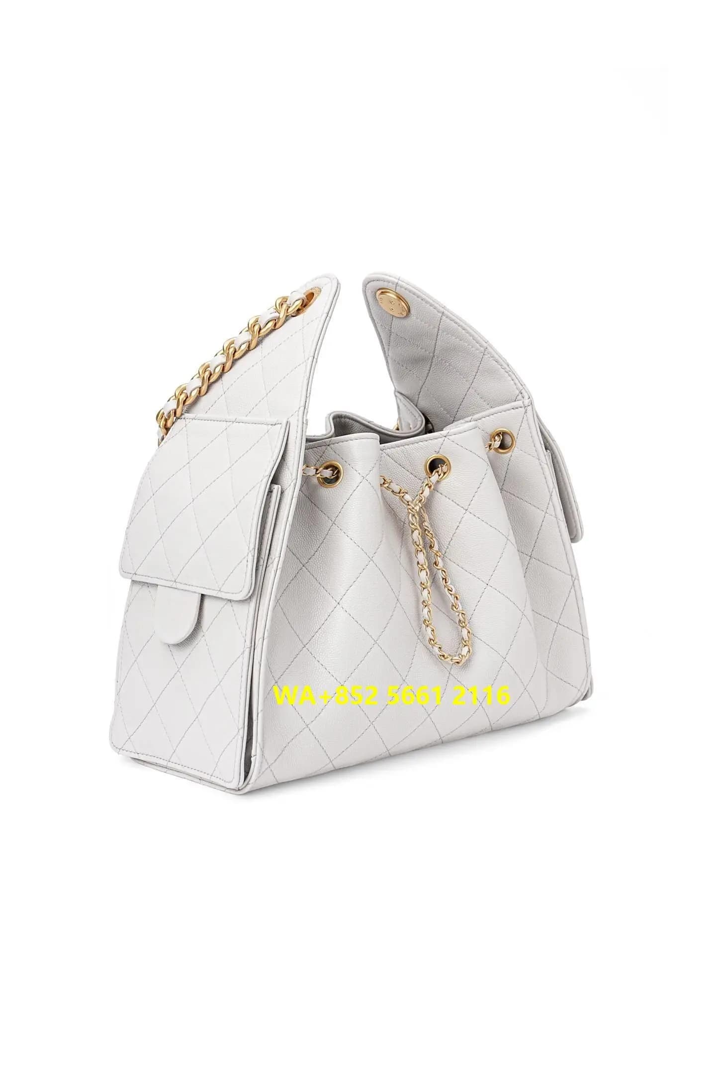 White Caviar Leather Diamond Quilted Drawstring Bucket Tote Bag, Dual Side Expandable Flap Pockets.