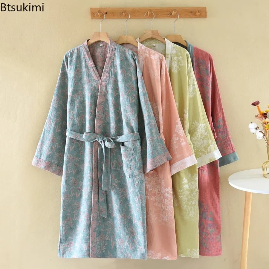 Vestaglia da Notte in Cotone Tinto in Filo Stile Giapponese per Donna, Sottile, Vintage, Jacquard, per Primavera Autunno, Pigiama Yukata Kimono, Accappatoio
