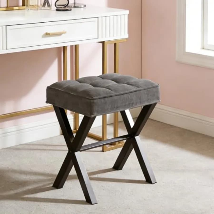 Sgabello Moderno Quadrato Imbottito con Gambe a X in Metallo e Tessuto in Lino Morbido - Seduta Versatile e Poggiapiedi