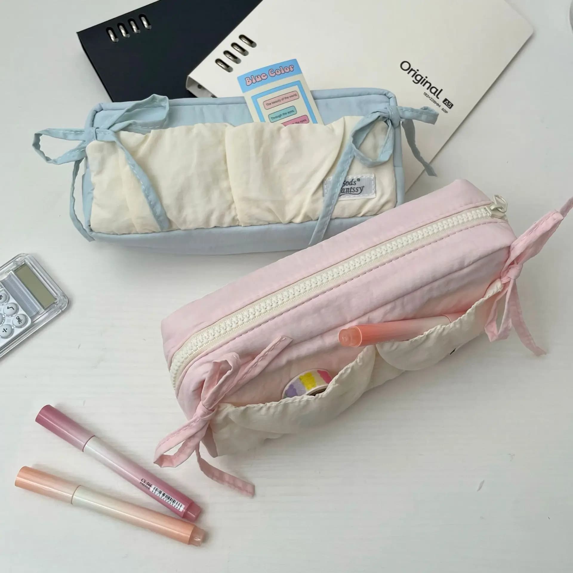 Soft Fluffy Pen Bag Double Bow Decor Large Storage Cute Stationery Organizer for Teen Girls Middle High School Supplies