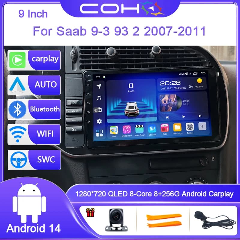 9 pollici Per Saab 9-3 93 2 2007-2011 Schermo Android 14 8-Core Lettore multimediale per auto Ricevitore stereo Radio GPS 4G WIFI Carplay