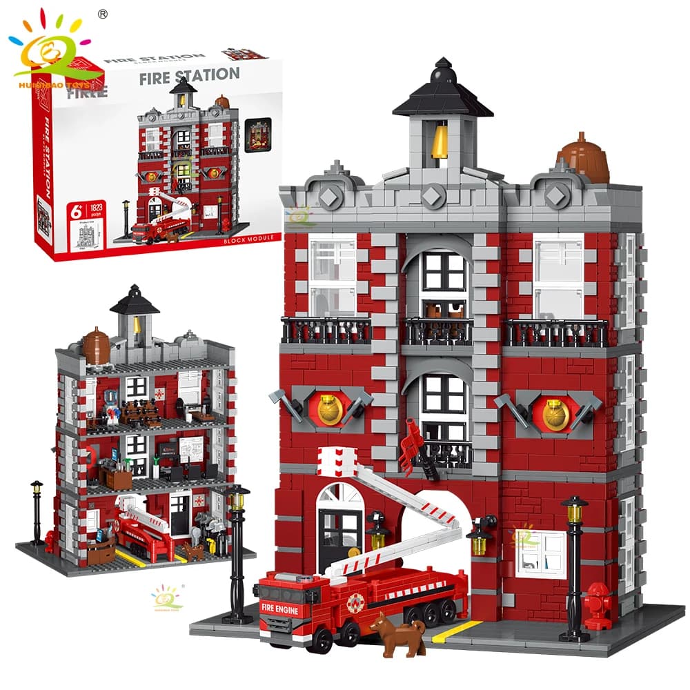 HUIQIBAO 1823pcs MOC Fire Station WIth Fire Truck Model Building Blocks Street View Brick City Educational Toy For Children Gift