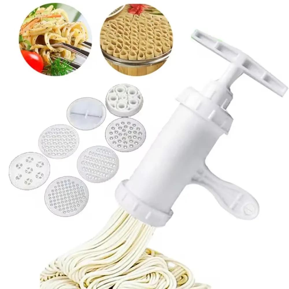 Pressa per Pasta Manuale in Plastica Bianca con 7 Stampi Diversi, Utensile per Spaghetti per Ristoranti