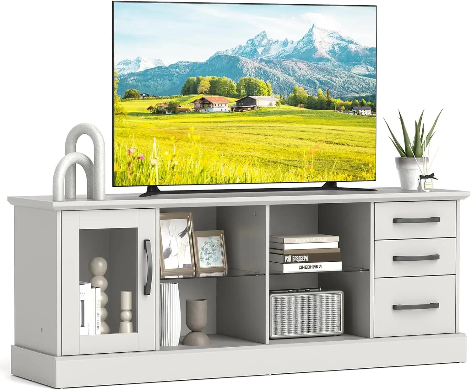 Mobile TV in Stile Rustico per TV da 73 Pollici, Consolle TV in Legno con Ripiani in Vetro Rimovibili, Fori per Gestione Cavi e Cassetti, Ru