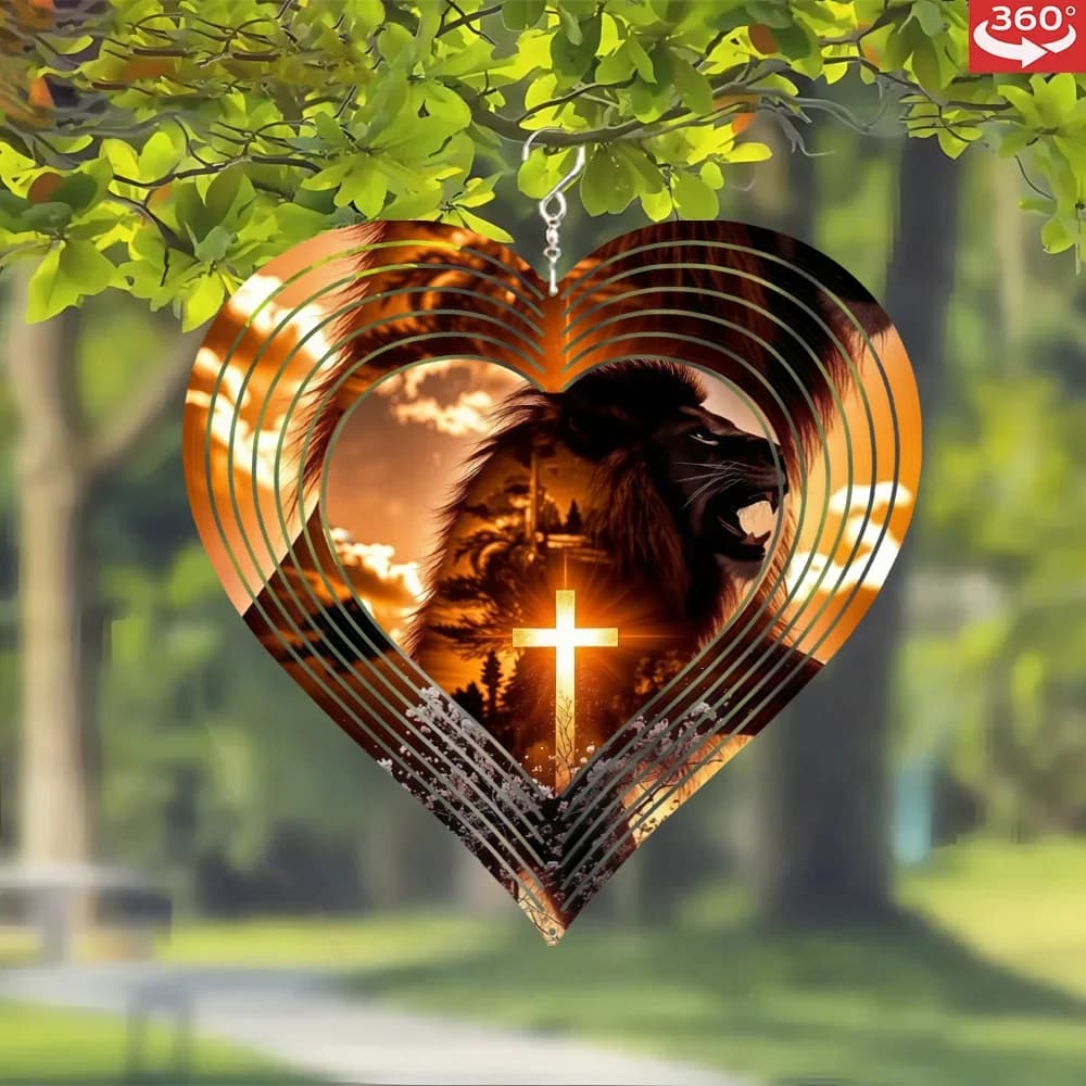 1Pc, 3D metal wind spinner, hanging heart-shaped wind chimes, the charm of lions and crosses, unique artistic wind chimes design