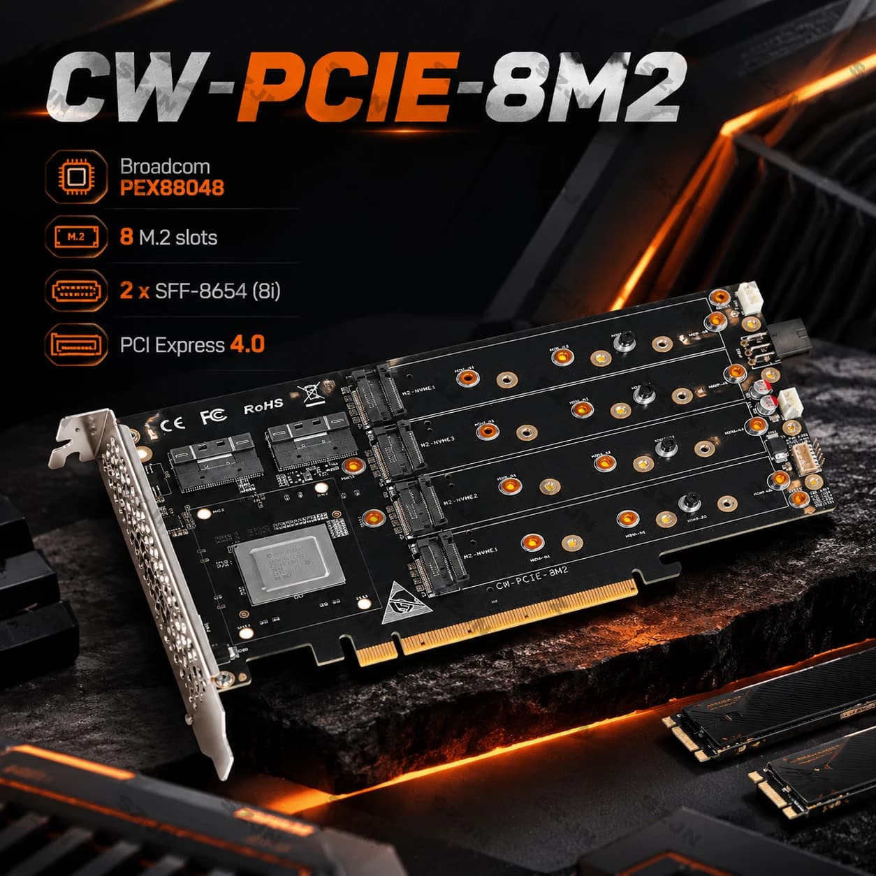 CW-PCIE-8M2 8-Port M.2 NVMe Expansion Card PCIe 4.0 Broadcom PEX88048 8x M.2 PCIe 4.0 x4 NAS Storage 64TB No Bifurcation