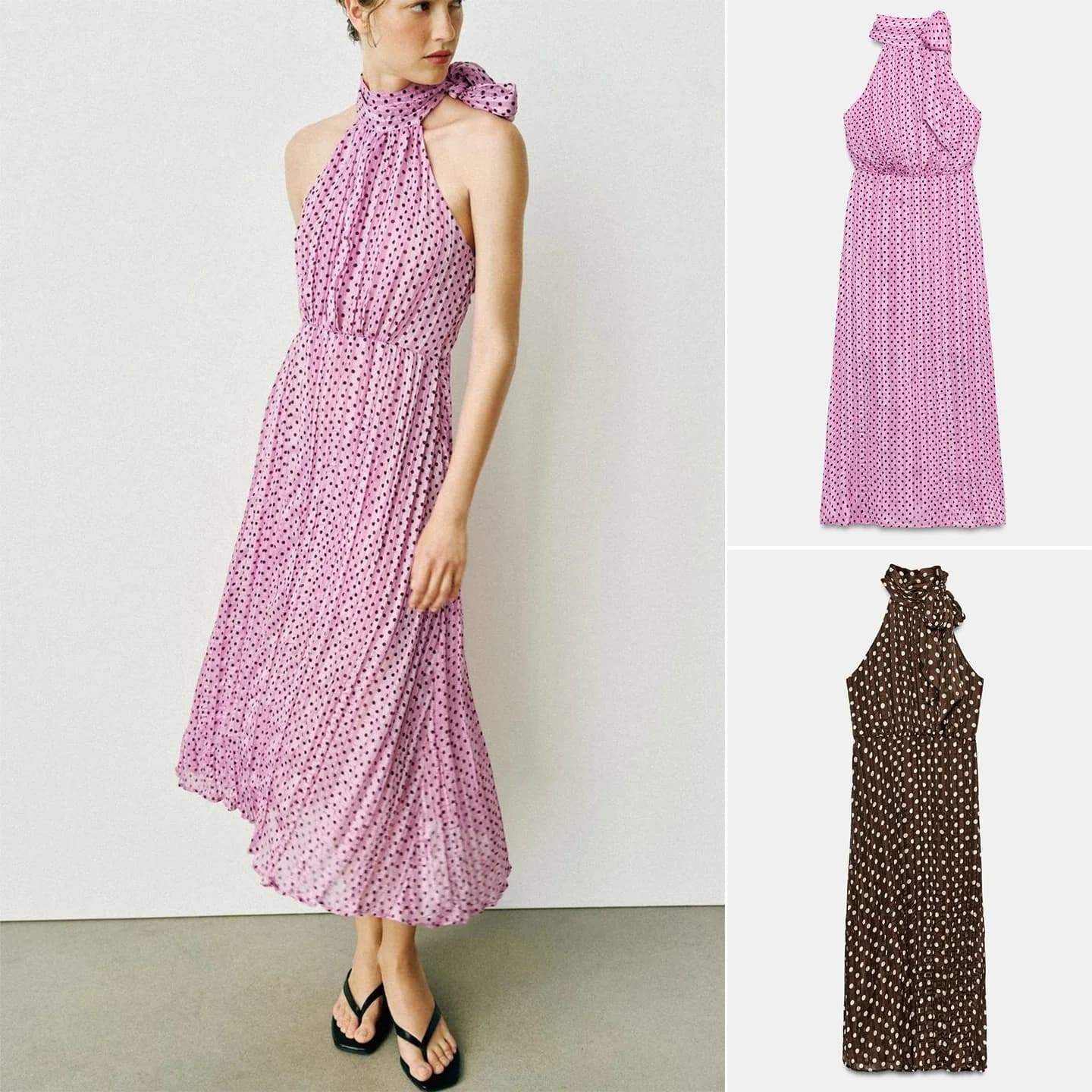Summer New Polka Dot Knot Hanging Neck Line Waist in Dress Elegant Style Women's Fashion No Brand Polyester Fiber